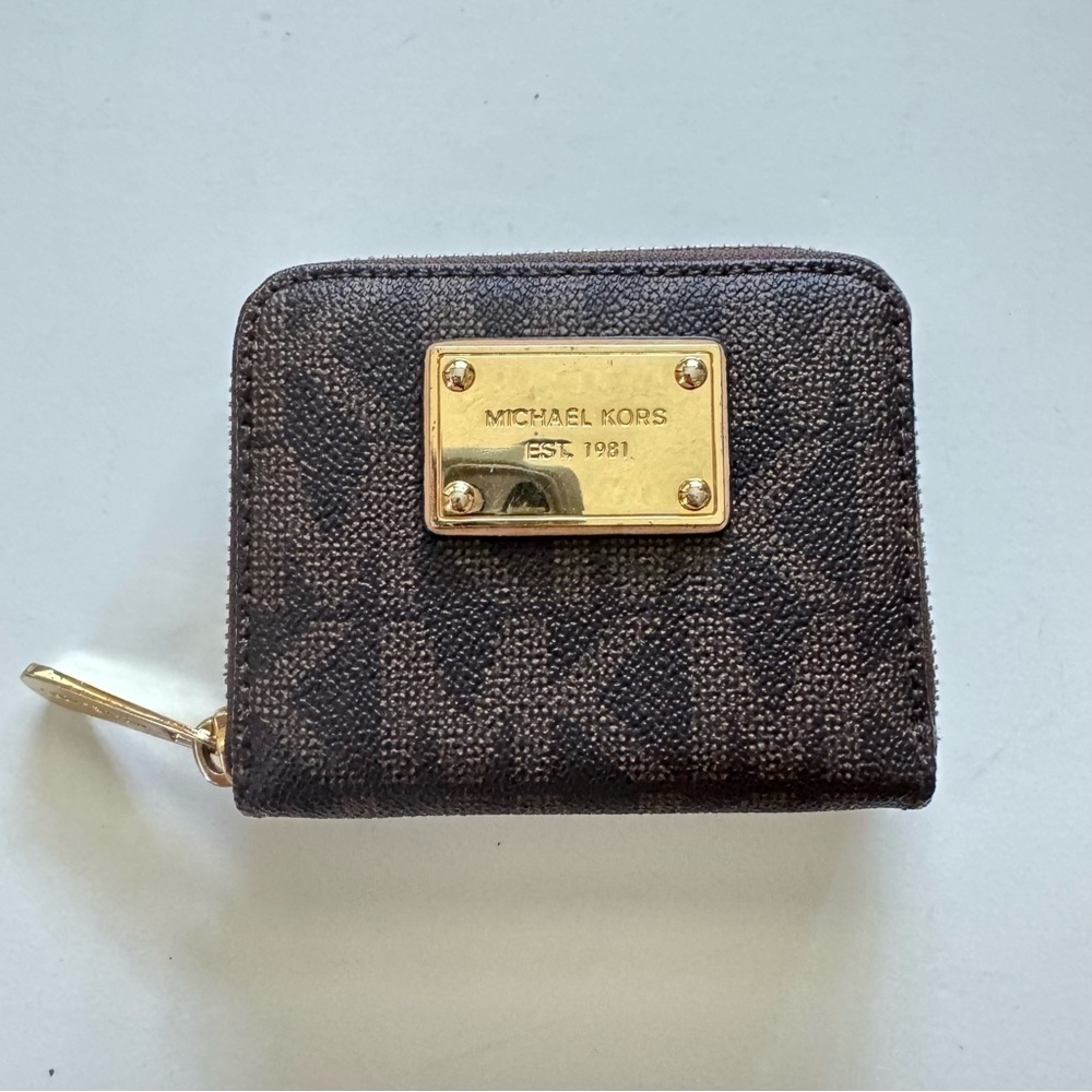 Michael Kors Brown Logo Zip Around Small Leather Wallet